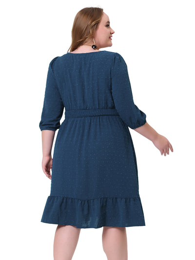 X Line Woven 3/4 Sleeve Swiss Dot Smock Waist Dress