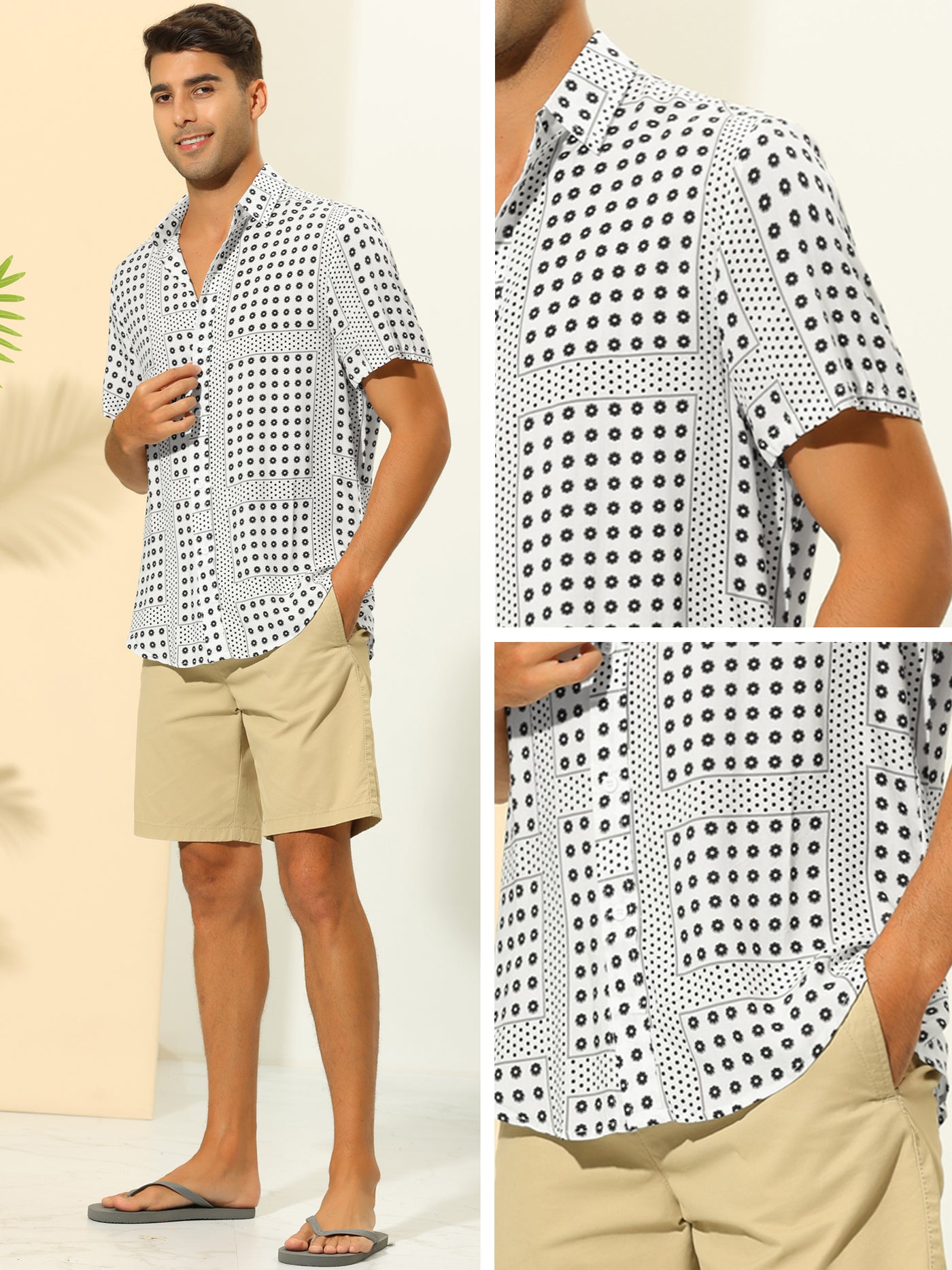 Bublédon Polka Dots Shirts for Men's Short Sleeves Color Block Flower Pattern Summer Shirt