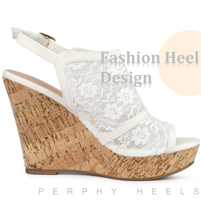 Perphy Lace Platform Heel Slingback Wedges Sandals for Women