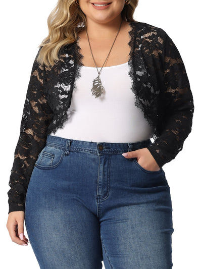 Plus Size Sheer Long Sleeve Open Front Cardigan Floral Lace Shrug
