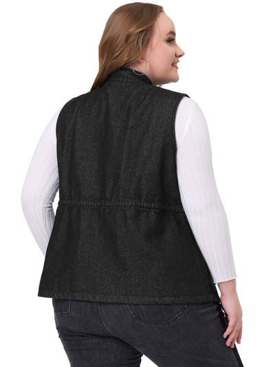 Plus Size Utility Vest for Women Lightweight Sleeveless Anorak Cargo Drawstring Jean Denim Jacket