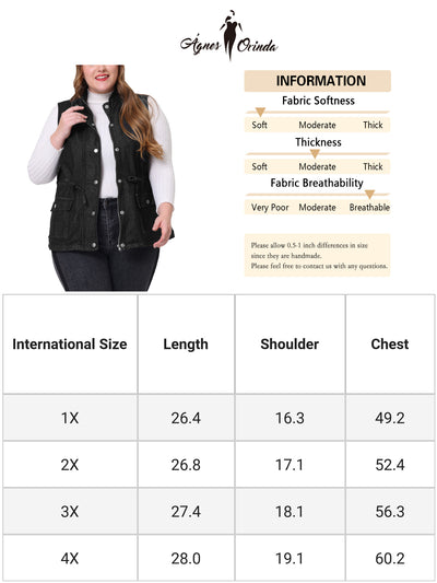 Plus Size Utility Vest for Women Lightweight Sleeveless Anorak Cargo Drawstring Jean Denim Jacket