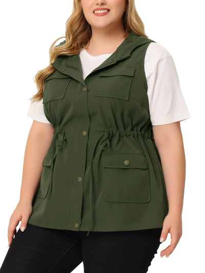 Women's Plus Size Utility Vest Sleeveless Anorak Cargo Drawstring Jackets