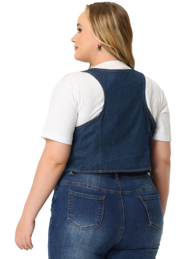 Women's Plus Size Denim Sleeveless Jacket Button Up Vintage Jean Waistcoat Vests