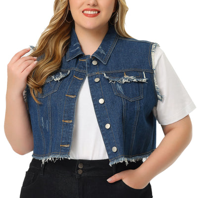Women's Plus Size Denim Vest Button Down Sleeveless Crop Jean Vests