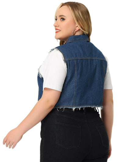 Women's Plus Size Denim Vest Button Down Sleeveless Crop Jean Vests