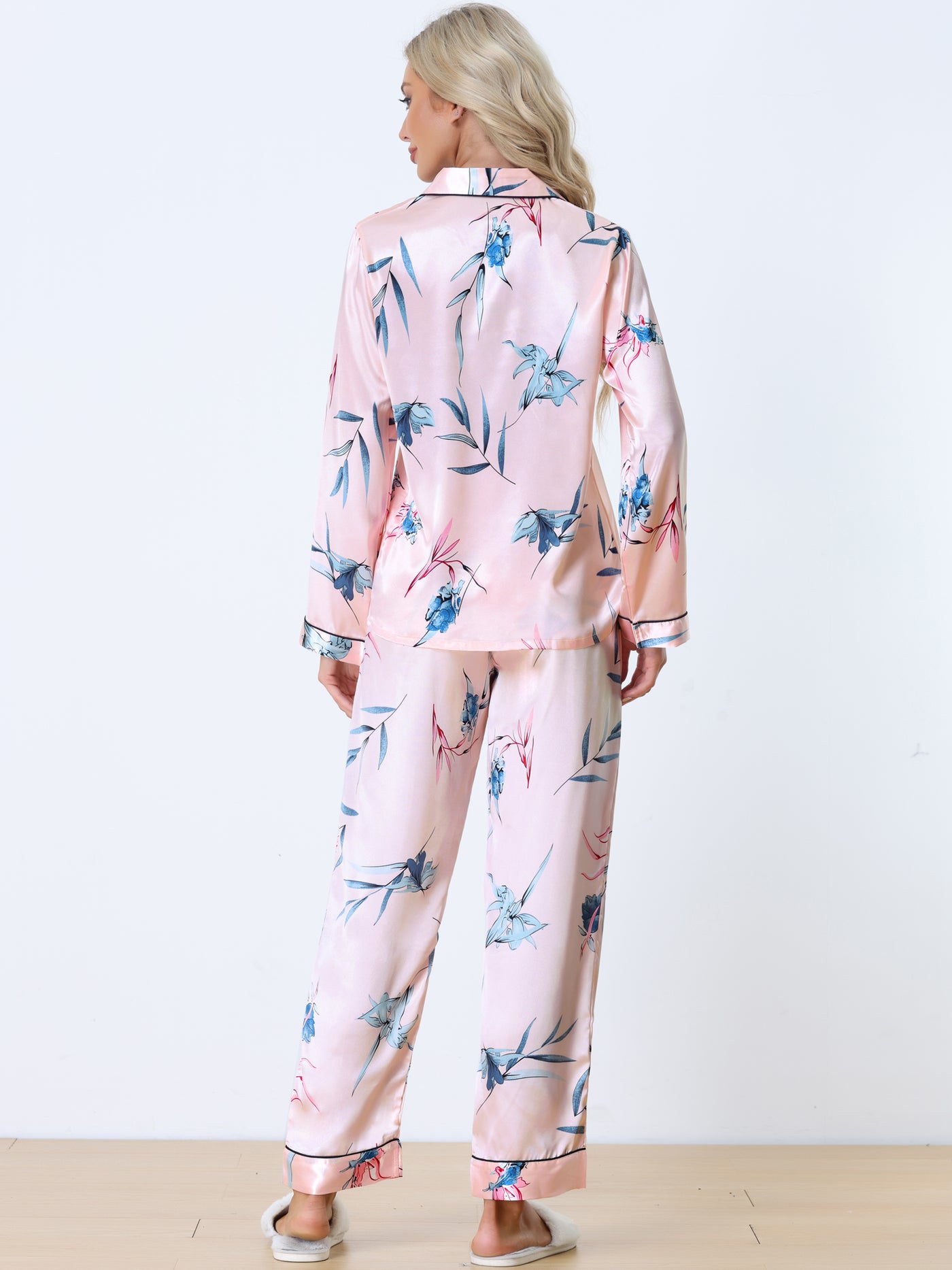Bublédon Women's Pajama Set Soft Satin Silky Floral Printed Button Down Shirt and Pants Sleepwear 2pcs