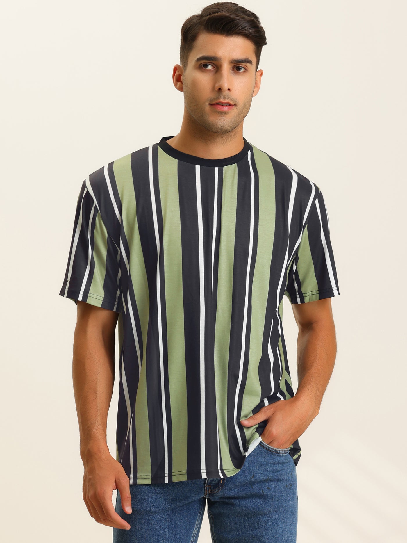 Bublédon Striped T-Shirt for Men's Summer Crew Neck Short Sleeves Stripes Printed Tee Tops