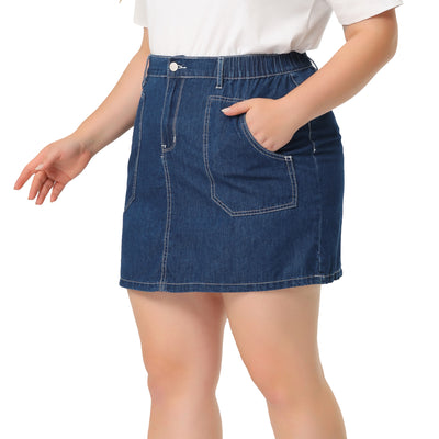 Plus Size Tie Waist Button Front Lightweight Mini Denim Skirt with Pocket
