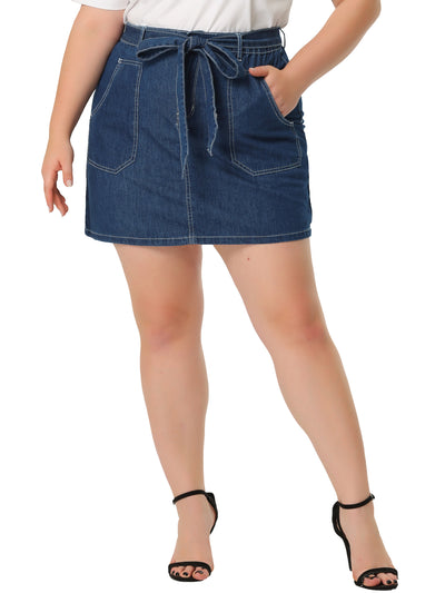 Plus Size Tie Waist Button Front Lightweight Mini Denim Skirt with Pocket