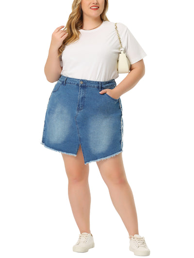 Plus Size Denim Skirt for Women Casual Slit Fashion Pockets Mini Skirts
