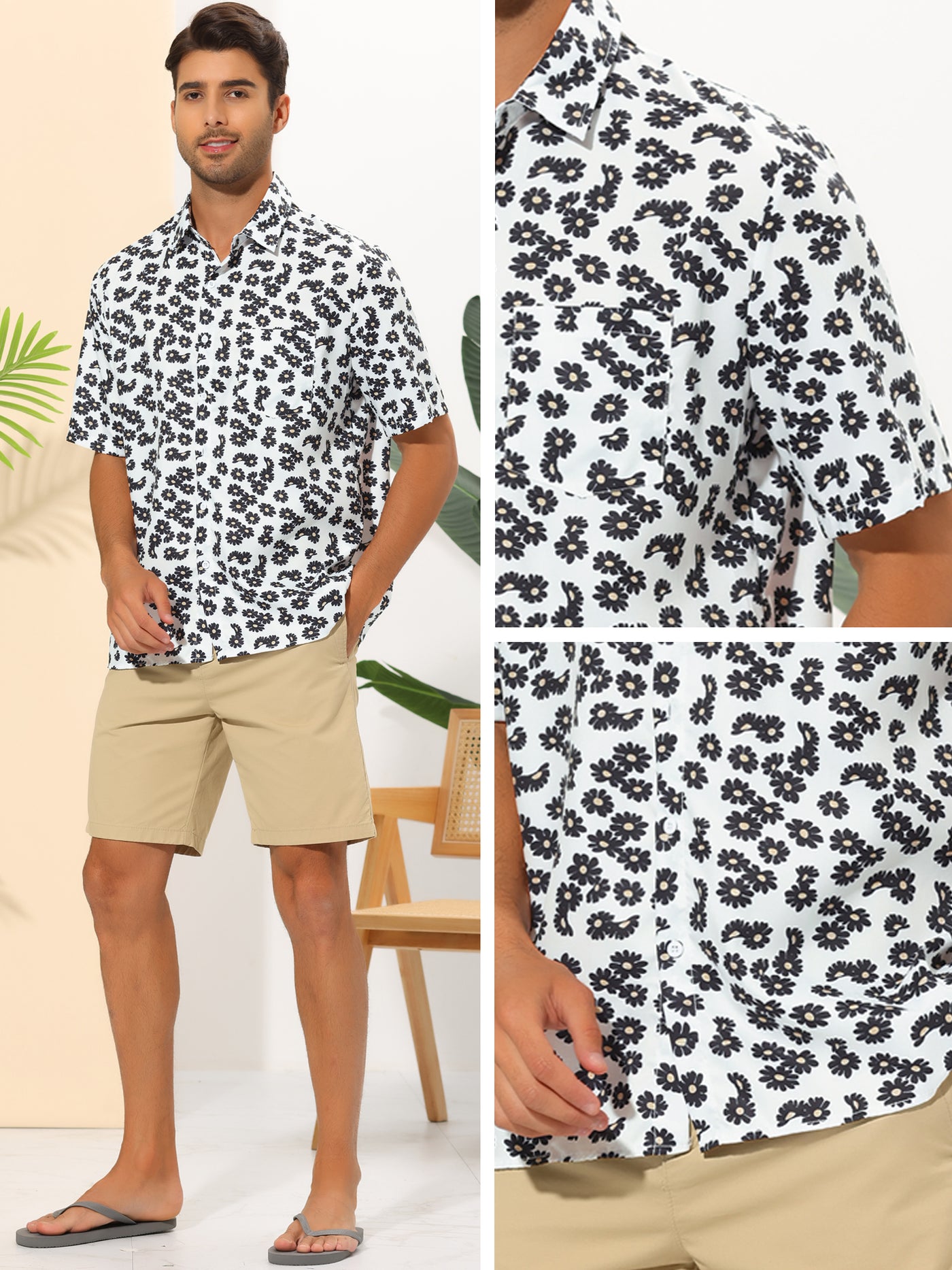 Bublédon Daisy Flower Shirts for Men's Button Short Sleeve Summer Hawaiian Beach Floral Shirt