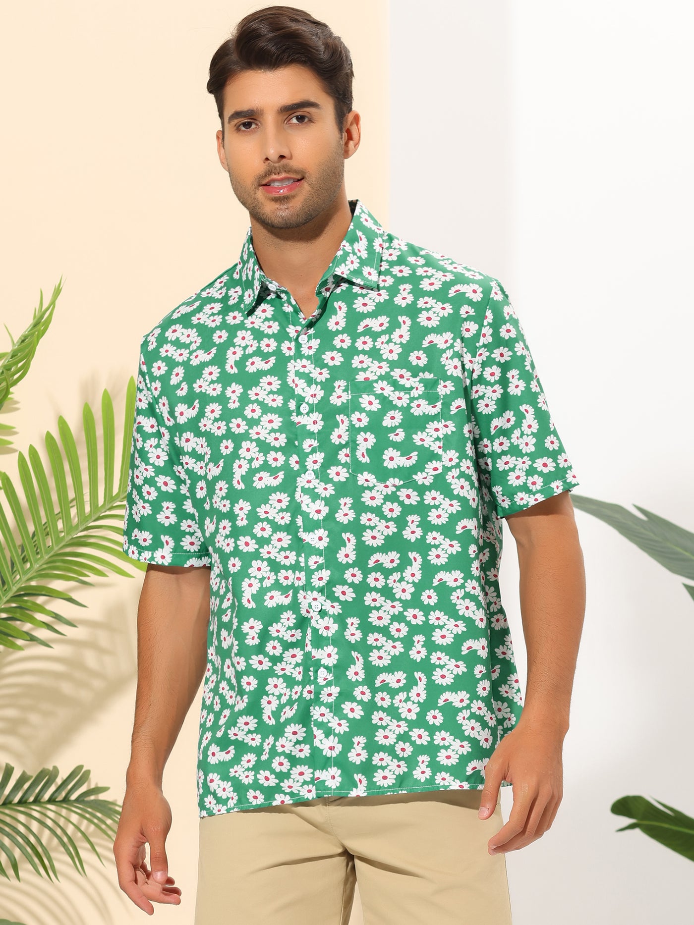 Bublédon Daisy Flower Shirts for Men's Button Short Sleeve Summer Hawaiian Beach Floral Shirt