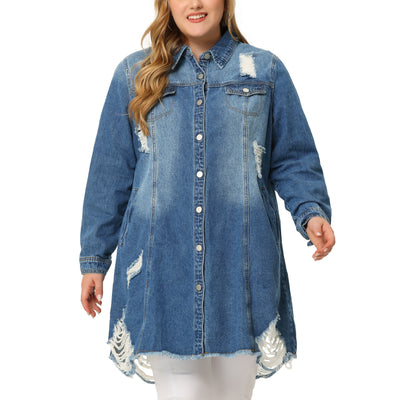 Denim H Line Button Up Long Sleeve Ripped Jacket