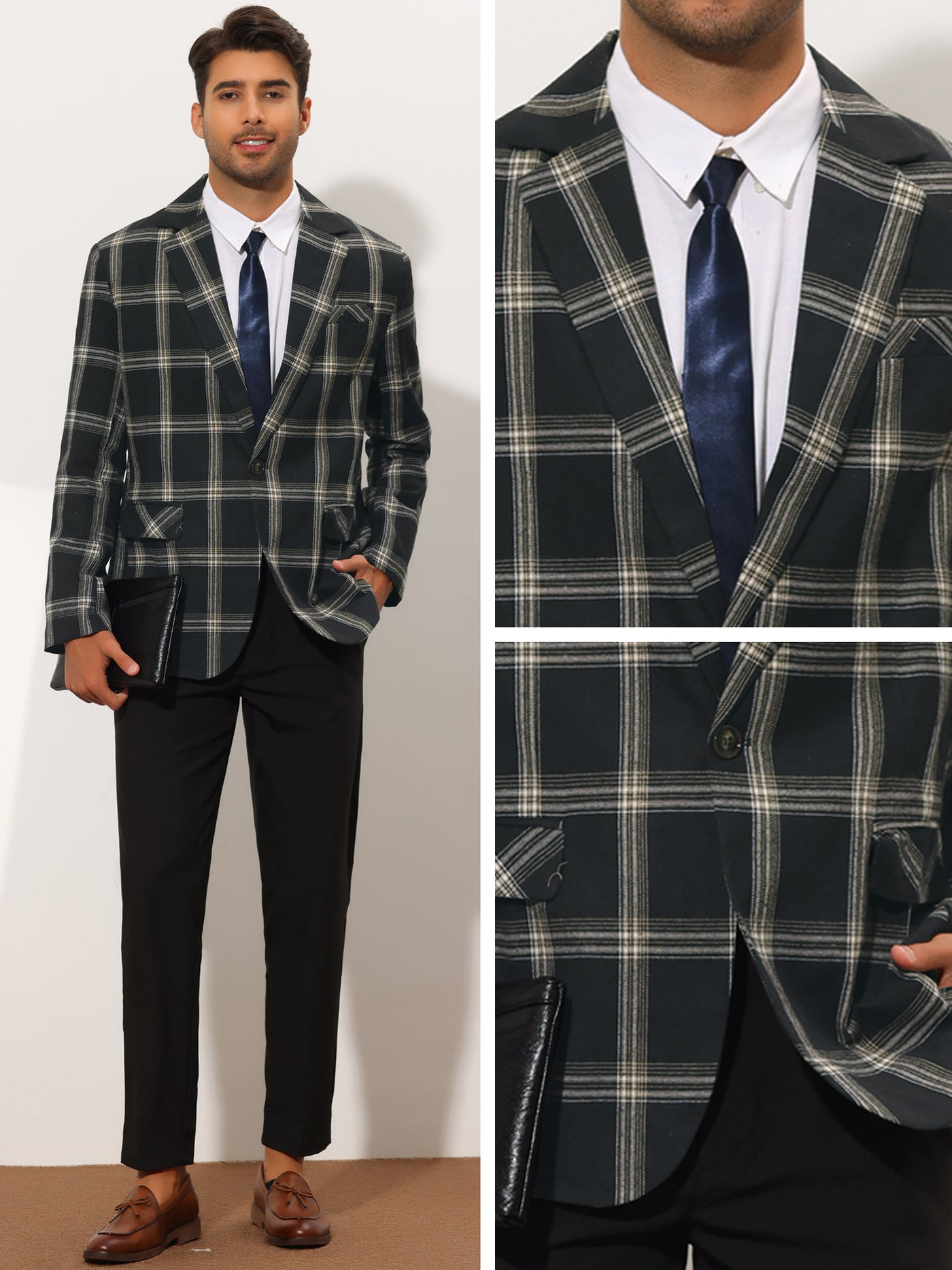 Bublédon Men's Plaid Sports Coat Notched Lapel Slim Fit One Button Wedding Prom Checked Blazer