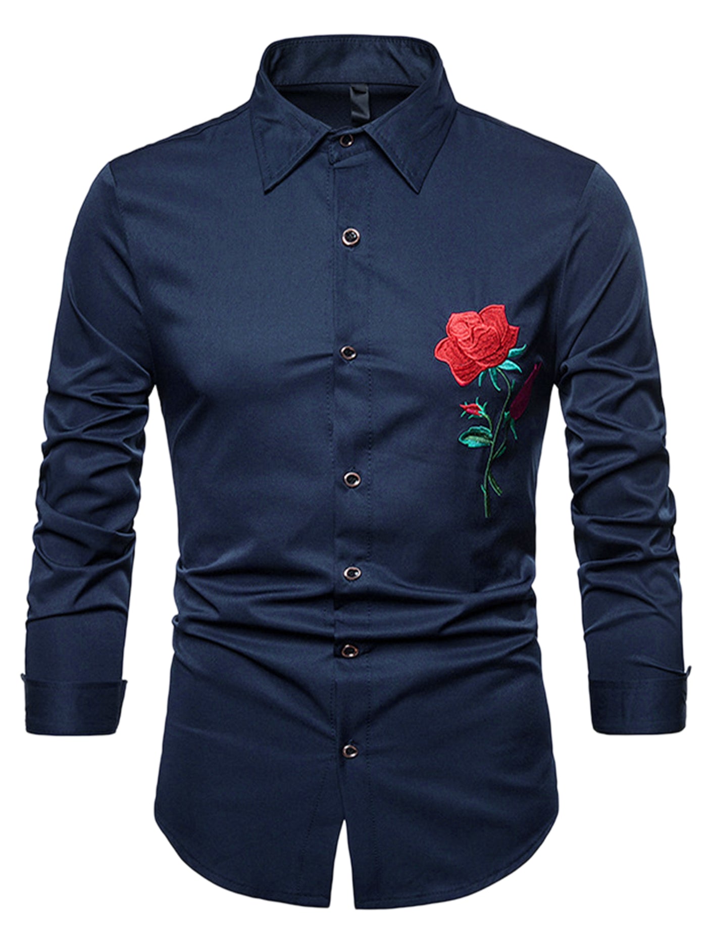 Bublédon Men's Point Collar Long Sleeves Button Floral Embroidery Shirt