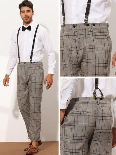 Men's Checked Business Plaid Dress Pants with Suspenders