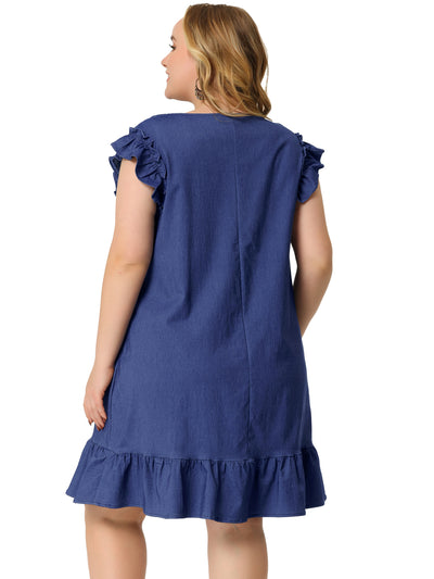 H Line Chambray Round Neck Above The Knee Dress