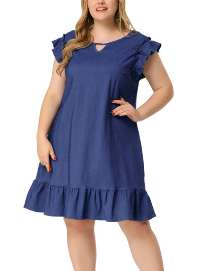 H Line Chambray Round Neck Above The Knee Dress
