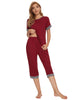Womens Pajama Set Round Neck with Capri Pants Casual Pjs Lounge Sleepwears