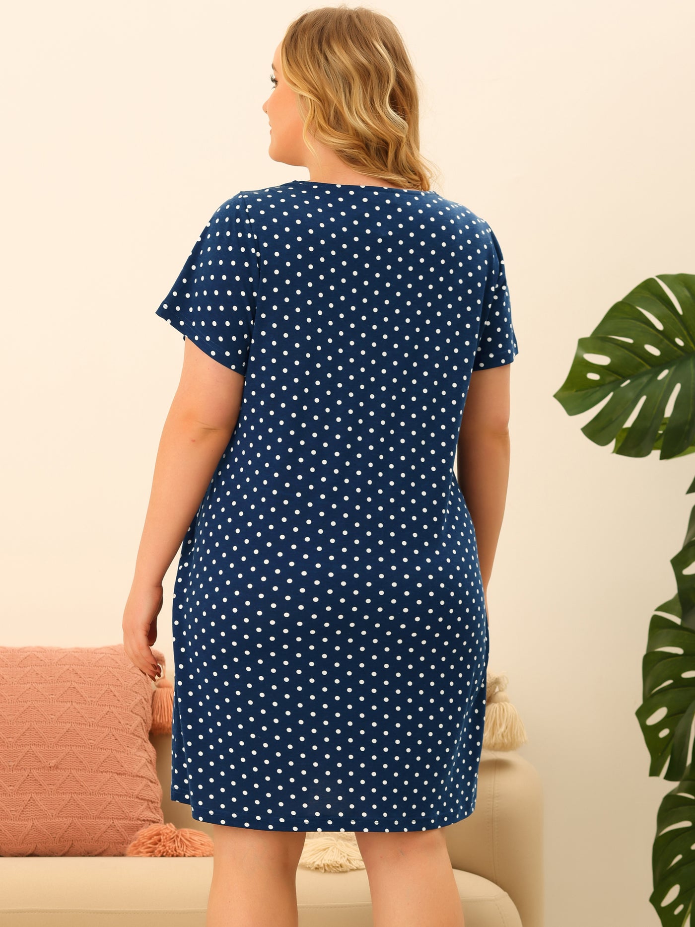 Bublédon Women's Plus Size Polka Dots V Neck Sleepwear Nightdress