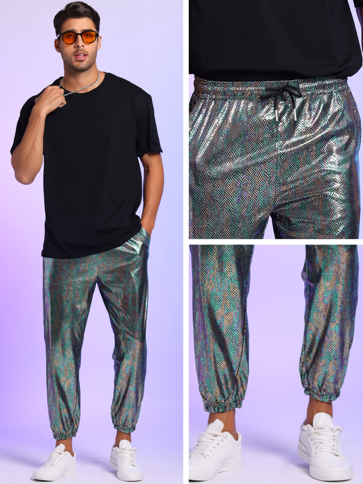 Bublédon Men's Sparkly Metallic Nightclub Disco Shiny Sequin Joggers Pants