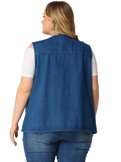 Women's Plus Size Sleeveless Denim Vest Button Down V Neck Jean Waistcoat Vests