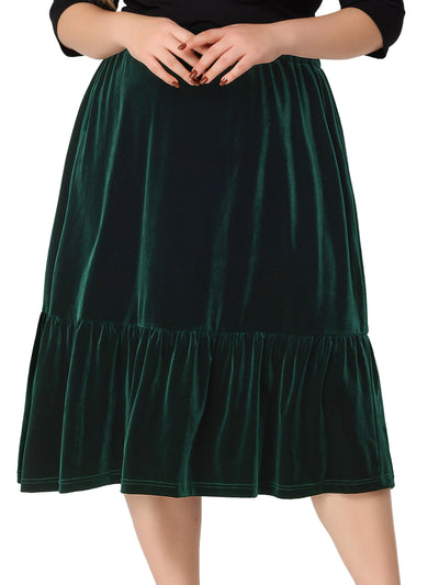 A Line Velvet Elastic Waist Ruffle Hem Skirt