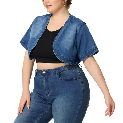 Bublédon Plus Size Denim Cardigan for Women Casual Crop Jackets Short Sleeve Jean Jacket Shrug