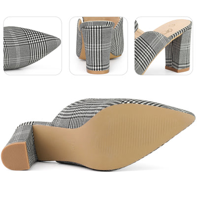 Pointed Toe Slip on Chunky Heels Houndstooth Slide Mules for Women
