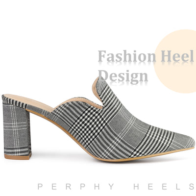 Pointed Toe Slip on Chunky Heels Houndstooth Slide Mules for Women