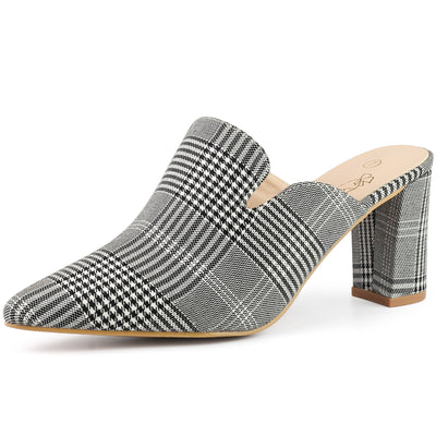 Bublédon Pointed Toe Slip on Chunky Heels Houndstooth Slide Mules for Women