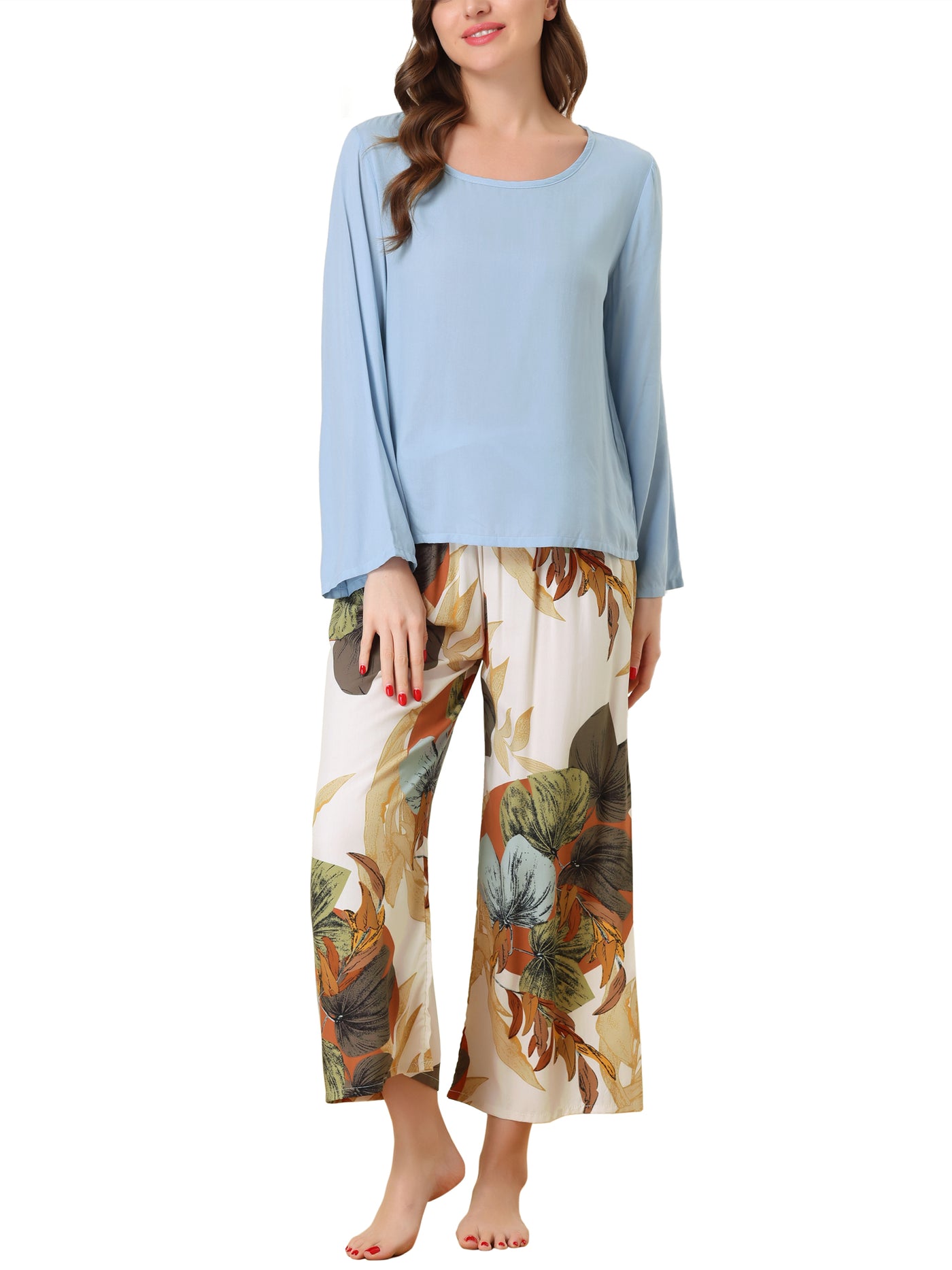 Bublédon Womens 2pcs Long Sleeve Capri Pants Floral Lounge Set Sleepwear Pajama Sets