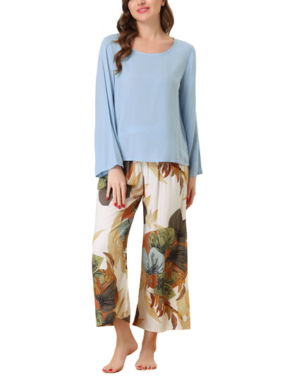 Womens 2pcs Long Sleeve Capri Pants Floral Lounge Set Sleepwear Pajama Sets