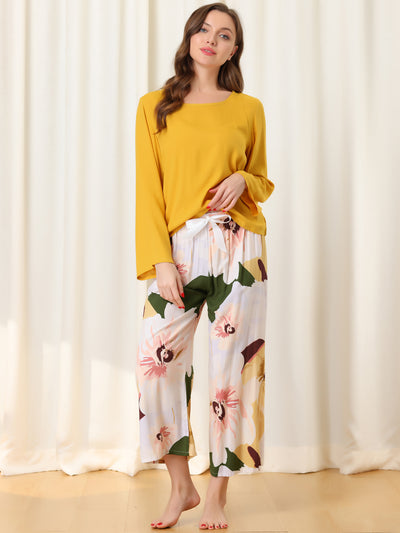 Womens 2pcs Long Sleeve Capri Pants Floral Lounge Set Sleepwear Pajama Sets