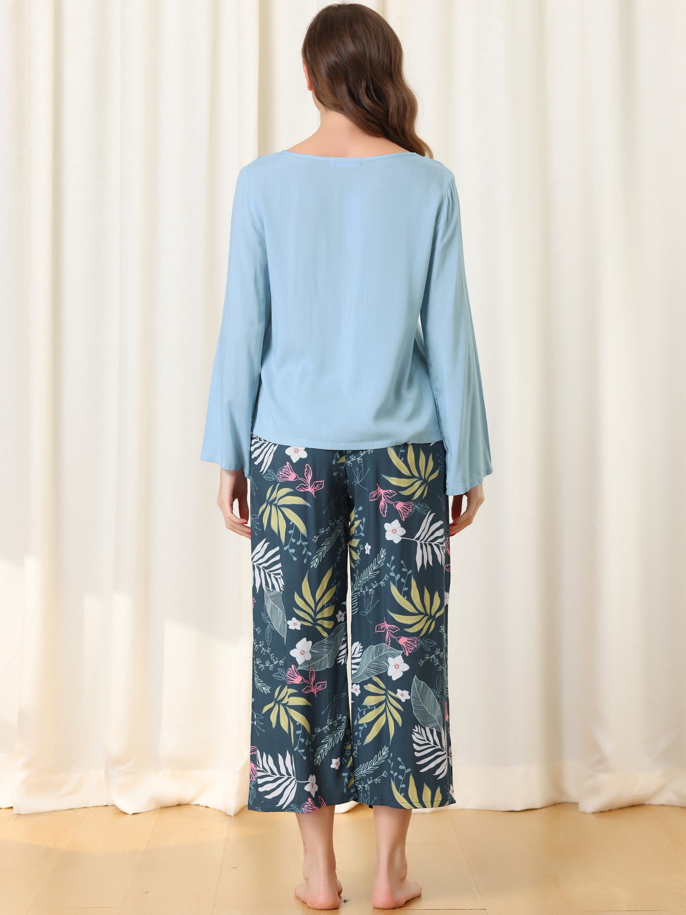 Bublédon Womens 2pcs Long Sleeve Capri Pants Floral Lounge Set Sleepwear Pajama Sets