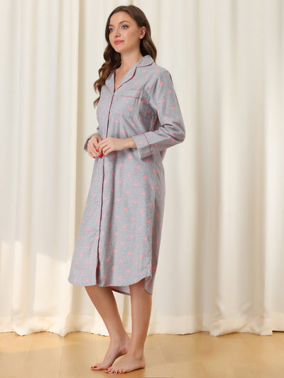 Womens Plaid Heart Printed Shirtdress Sleepshirt Loungewear Pajama Shirt Dress