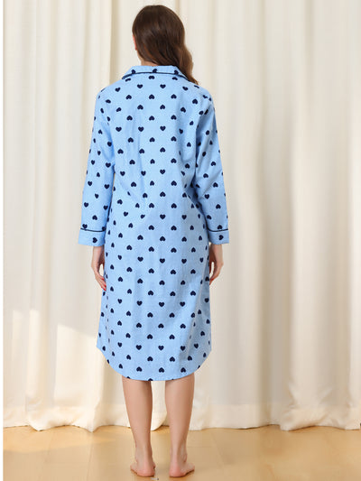 Womens Plaid Heart Printed Shirtdress Sleepshirt Loungewear Pajama Shirt Dress