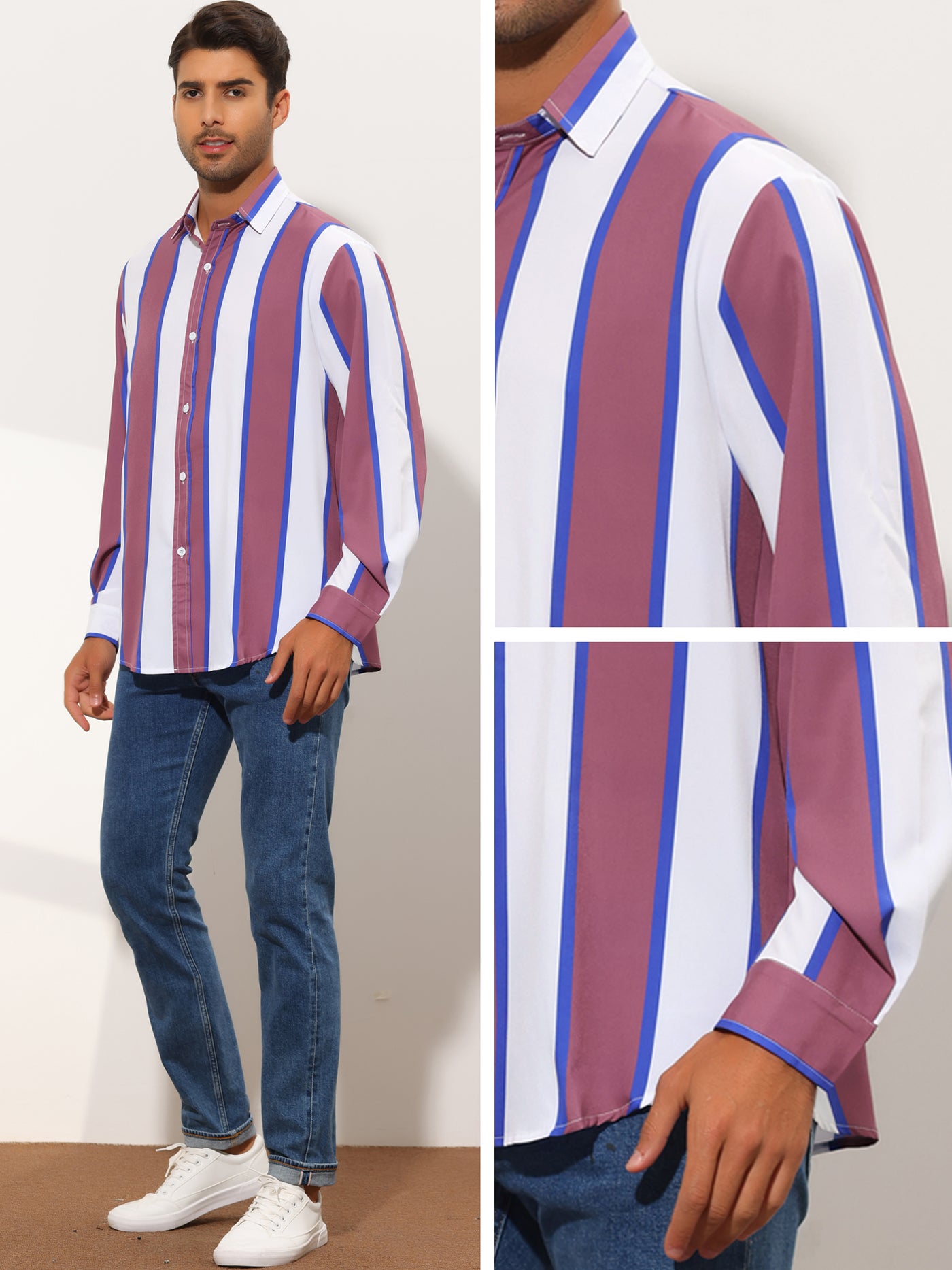 Bublédon Men's Stripes Long Sleeves Pointed Collar Button Down Casual Shirt