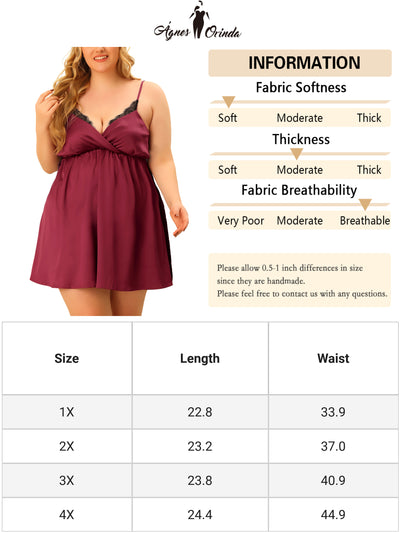Plus Size Sleep Dress for Women Camisole Side Slit Lace Trim V Neck Satin Lingerie Night Gowns