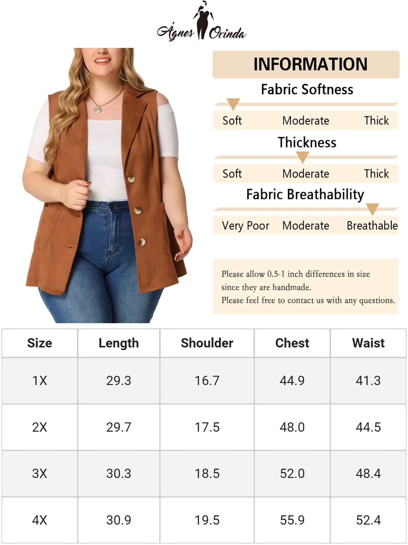Bublédon Women's Plus Size Vests Long Sleeveless Casual Lapel Suede Vest