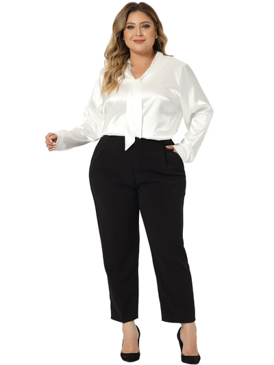 Satin Relax Fit Tie Neck Long Sleeve Shirt