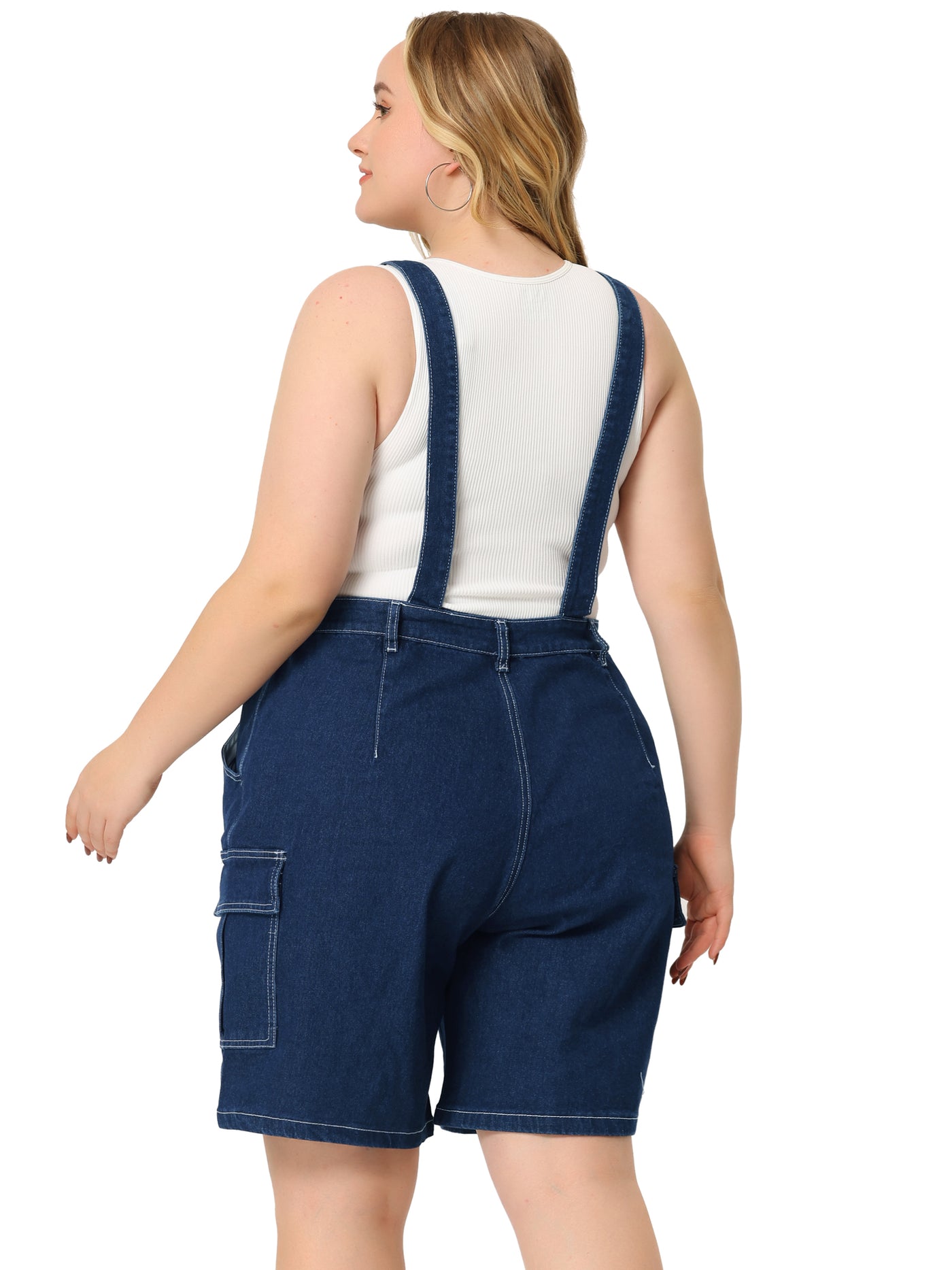 Bublédon Plus Size Denim Overall for Women Contrast Stitch Cargo Pocket Adjustable Strap Jeans Pants