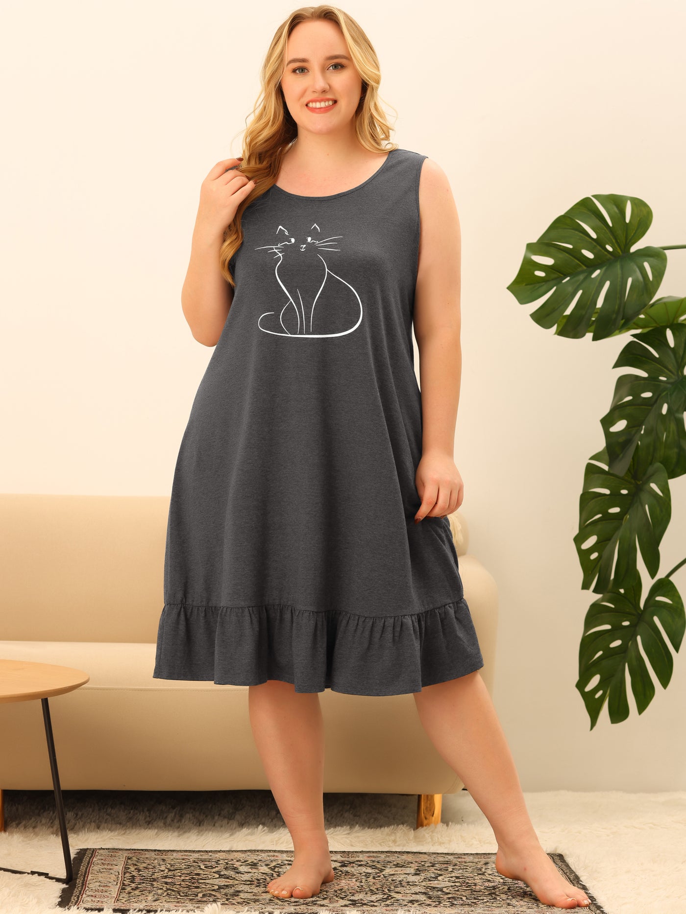 Bublédon Women's Plus Size Sleepdress Nightgowns Sleepwear Sleeveless Soft Comfy Lovely Cat Nightdress