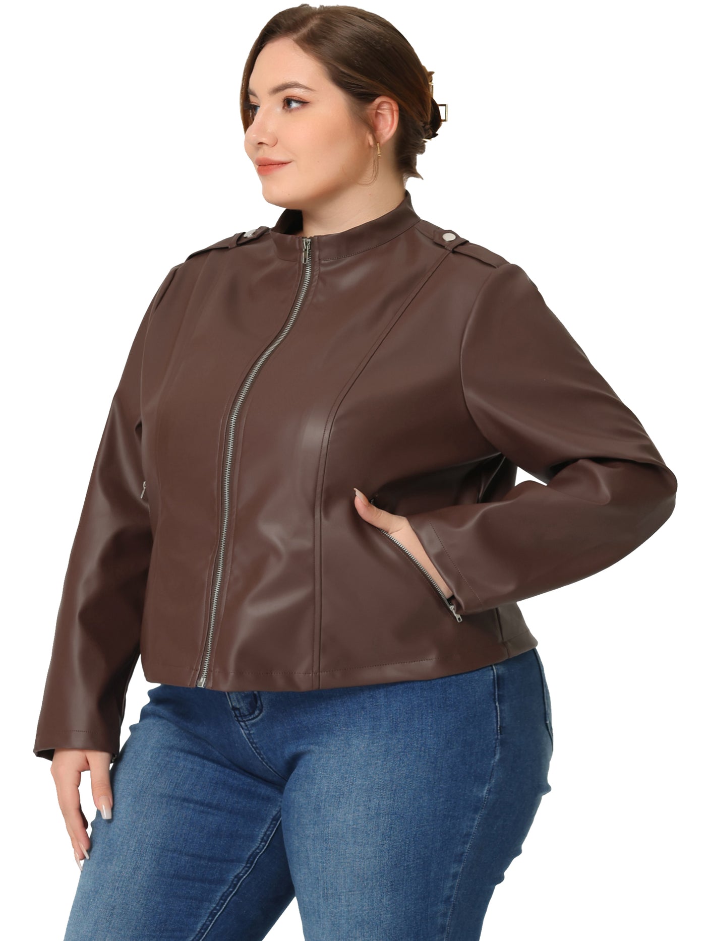 Bublédon Faux Leather H Line Long Sleeve Epaulette Jacket