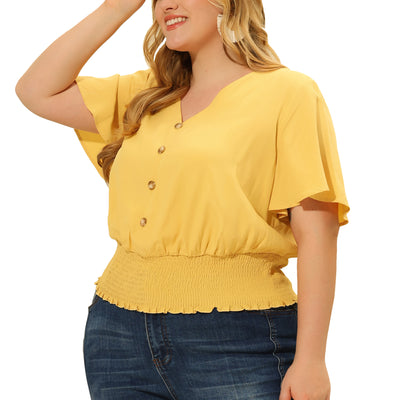 Women's Plus Size V Neck Button Up Short Sleeve Shirred Crop Top Blouse