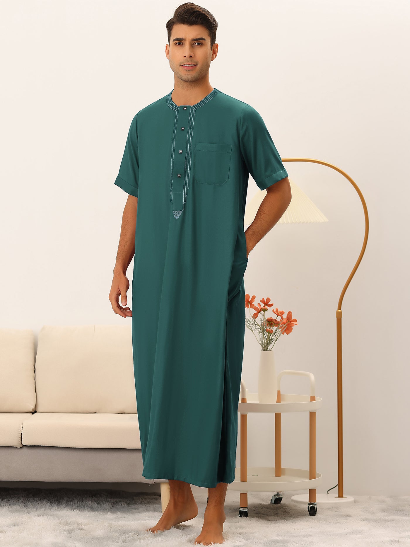 Bublédon Loose Fit Night Gown for Men's Solid Color Short Sleeves Button Pajamas Sleepshirt