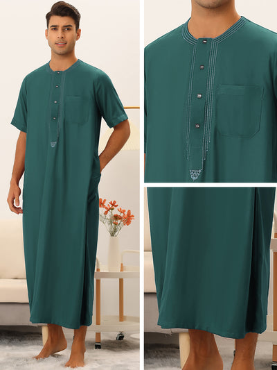Loose Fit Night Gown for Men's Solid Color Short Sleeves Button Pajamas Sleepshirt