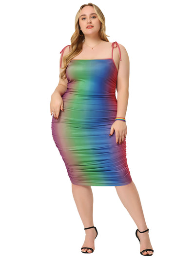 Bublédon Plus Size Rainbow Contrast Color Spaghetti Strap Bodycon Midi Dress