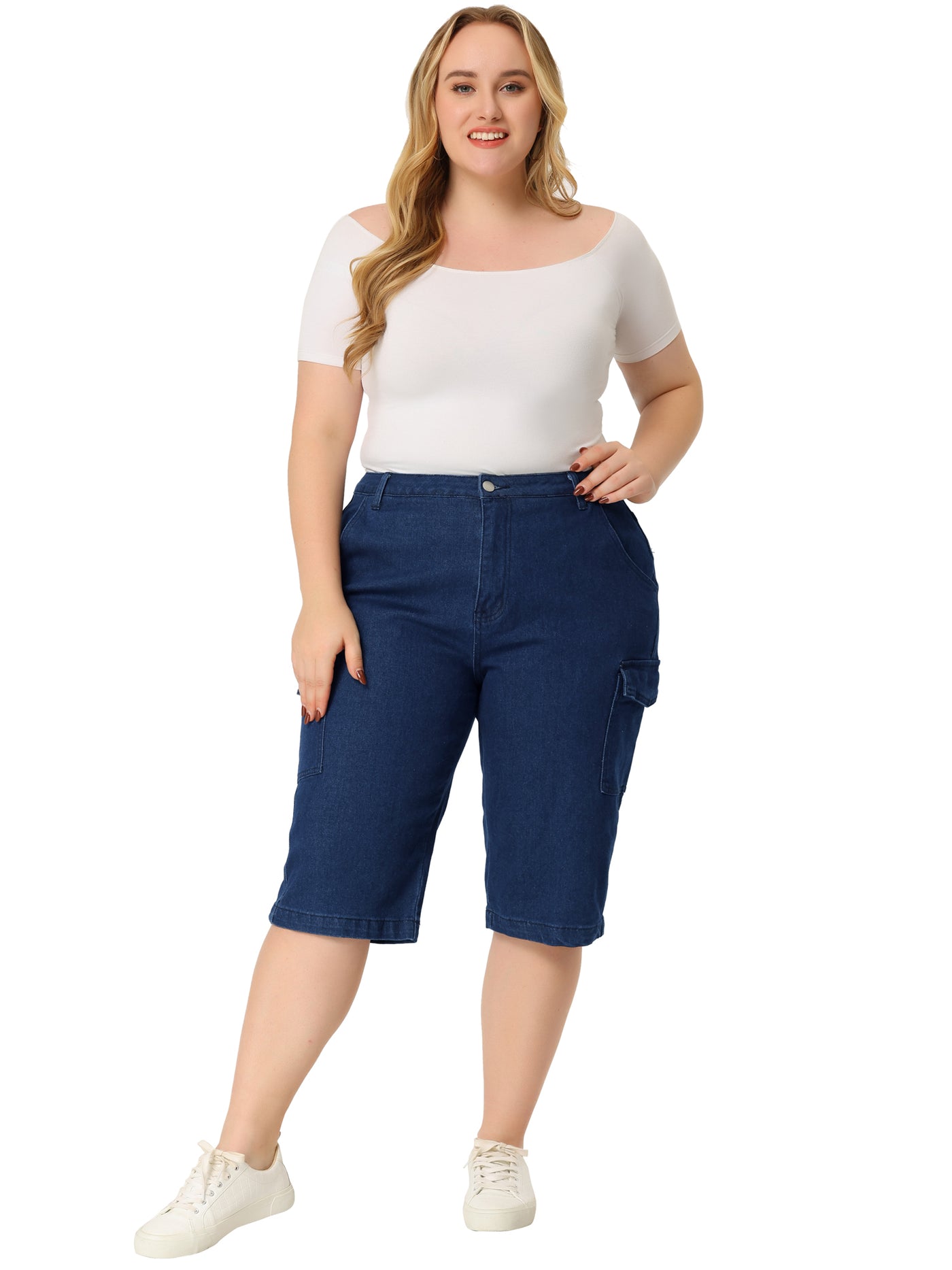 Bublédon Plus Size Jeans for Women Zipper Slash Pocket Button Denim Cargo Pants